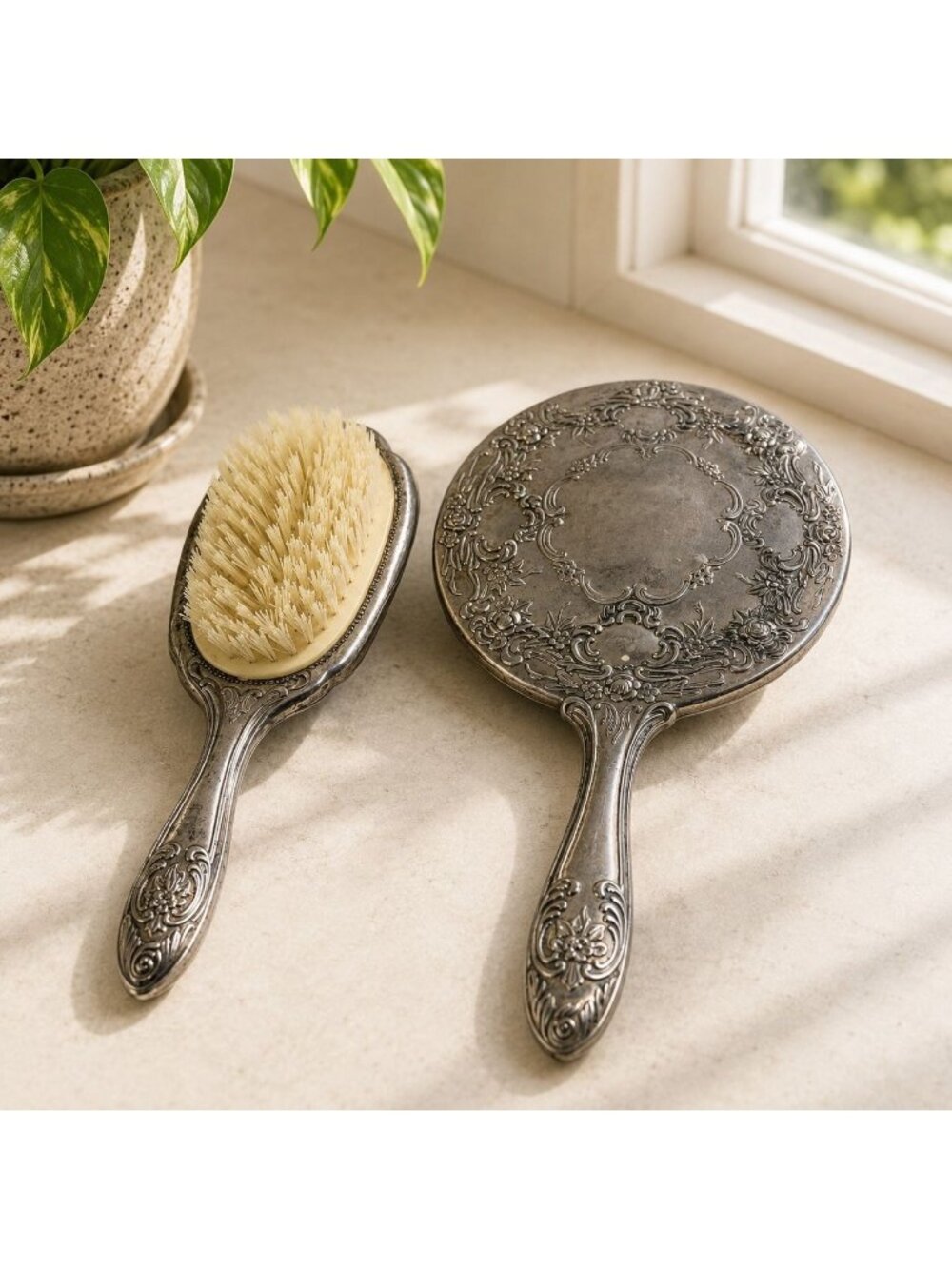 Vintage Silver-Tone Vanity Brush & Hand Mirror Set Ornate Floral Vanity Decor Co